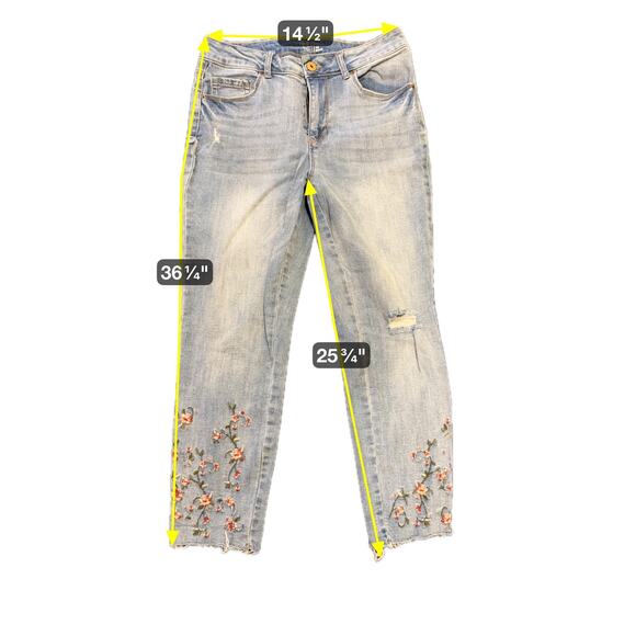 Time and Tru Skinny Jeans Womens 10 Floral Embroidered Distressed Denim Pants - Picture 1 of 11